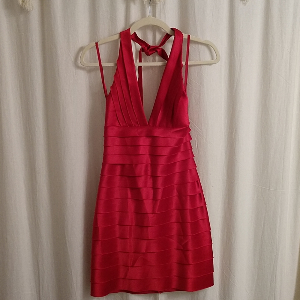Red pleated halter dress
